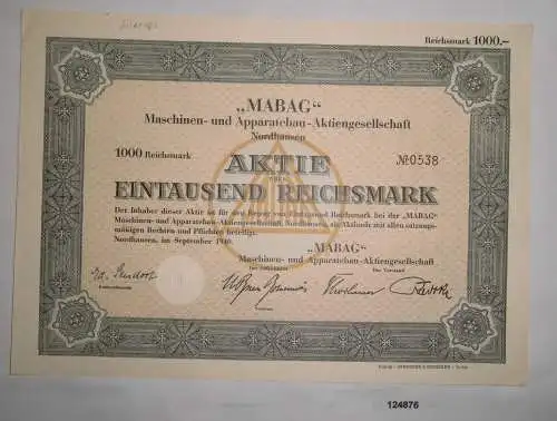 1000 RM Aktie MABAG Maschinen- & Apparatebau AG Nordhausen Sept. 1940 (124876)