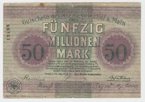 50 Millionen Mark Banknote Inflation Kreis Höchst am Main 10.8.1923 (140104)