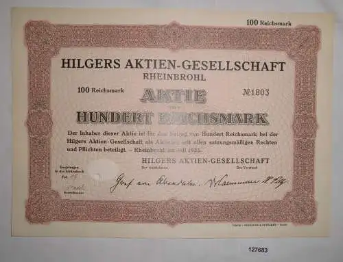 100 Reichsmark Aktie Hilgers AG Rheinbrohl Juli 1935 (127683)
