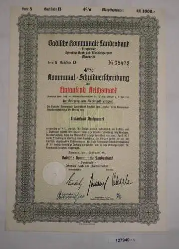 1000 Reichsmark Schuldver. Badische kommunale Landesbank Mannheim 1941 (127940)