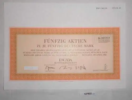 50 Deutsche Mark fünfzig Aktien Escada AG München April 1986 (127822)