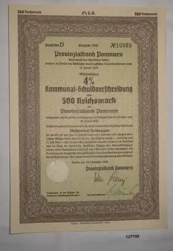 500 RM Schuldverschreibung Provinzialbank Pommern 15. Januar 1925 (127708)