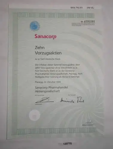 5 Mark Zehn Aktien Sanacorp Pharmahandel AG Planegg Oktober 1996 (120775)