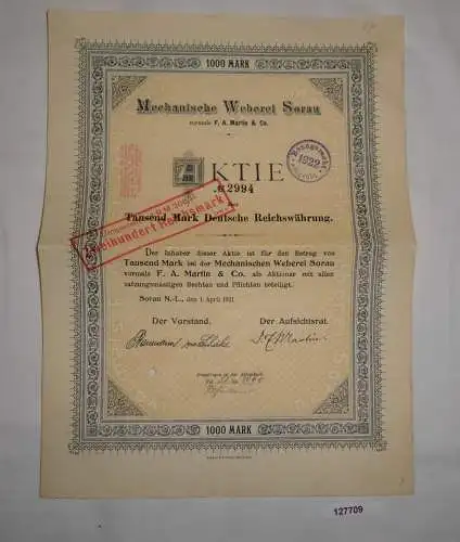 1000 Mark Aktie Mechanische Weberei Sorau 1. April 1921 (127709)