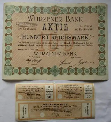 100 Reichsmark Aktie Wurzener Bank 14.März 1927 mit Zinsschein (128426)