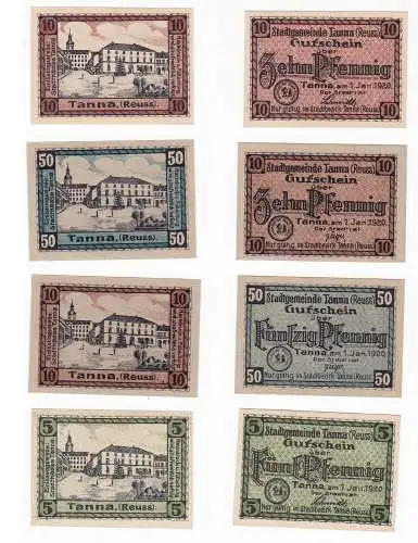 5, 2x 10 & 50 Banknoten Notgeld Gemeinde Tanna Reuß 1920 (129513)