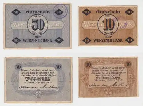 10 und 50 Pfennig Banknoten Notgeld Wurzner Bank 1.März 1917 (137447)