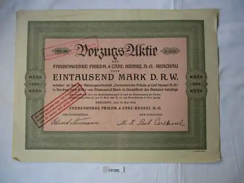 1000 Mark Aktie Farbenwerke Friedr. & Carl Hessel AG Nerchau 18.05.1922 (121203)