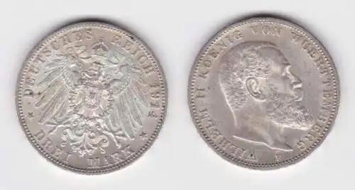 3 Mark Silbermünze Württemberg König Wilhelm II 1912 Jäger 175 (141957)