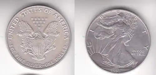 1 Dollar Silber Münze Silver Eagle USA 1991 1 Unze Feinsilber  (113385)