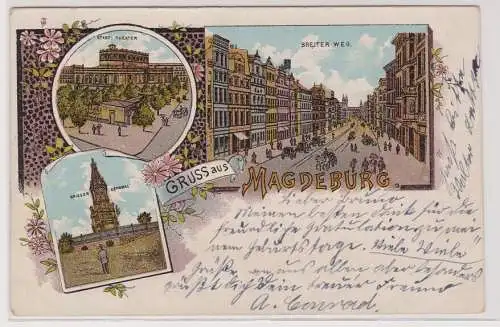 99746 AK Gruss aus Magdeburg - Breiter Weg, Kriegerdenkmal, Stadttheater 1897