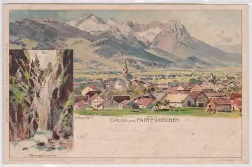 901231 Lithographie Ak Gruss aus Partenkirchen - Klamm und Totalansicht 1902