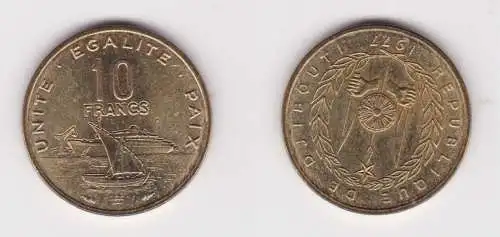 10 Francs Messing Münze Dschibuti Dhau vor Passagierschif 1977 vz/Stgl. (156481)