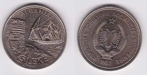 5 Leke Cu-Ni Münze Albanien Schiff HAFEN VON DURAZZO 1987 Stgl. (156955)