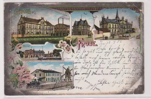 900941 Ak Lithographie Gruß aus Frose Bahnhof, Gasthof, Windmühle usw. 1905