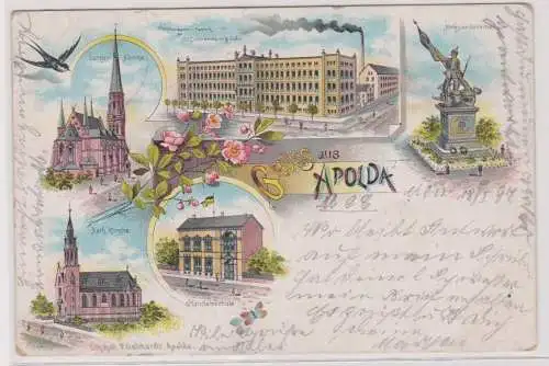 901060 Ak Lithographie Gruß aus Apolda Wollwarenfabrik, Handelsschule usw. 1897