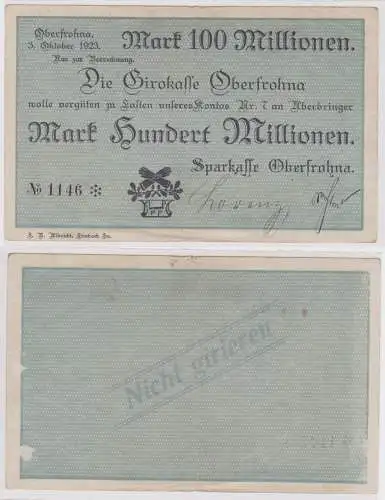 100 Millionen Mark Banknote Girokasse Oberfrohna 3.10.1923 (129805)