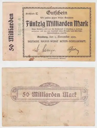50 Mrd. Mark Banknote Inflation Solvay Werke A.G. Bernburg 1.11.1923 (152434)