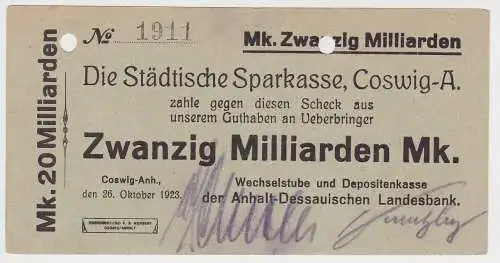 1 Milliarden Mark Banknote Inflation Städtische Sparkasse Coswig A.1923 (153553)