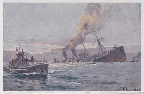 39441 Künstler Willy Stöwer AK U-Boot-Spende 1917 Versenkung feindl. Dampfschiff