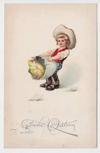 77346 Präge AK Frohe Ostern Kind mit aus dem Ei schlüpfendem Kücken 1898