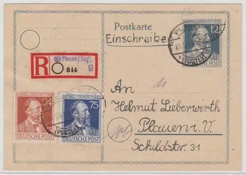 96148 Einschreiben Ganzsachenkarte SBZ Plauen im Vogtland 15.5.1947