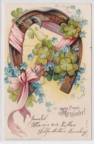 94995 Präge AK Prosit Neujahr! Hufeisen Kleeblätter Vergißmeinnicht 1904