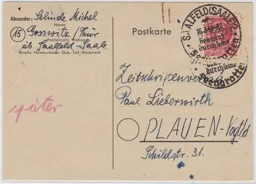96394 Postkarte SBZ von Saalfeld nach Plauen im Vogtland 16.3.1946