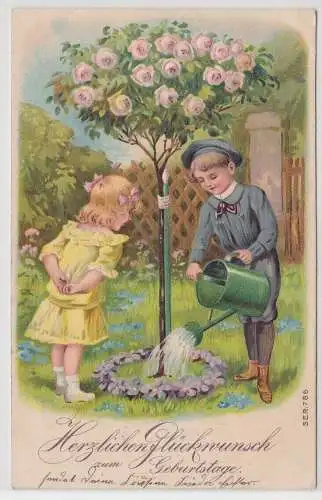 18125 Präge AK Glückwunsch Geburtstag 2 Kinder gießen Rosenstamm 1909