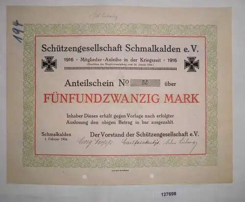 25 Mark Aktie Schützengesellschaft Schmalkalden e.V. 1. Februar 1916 (127698)