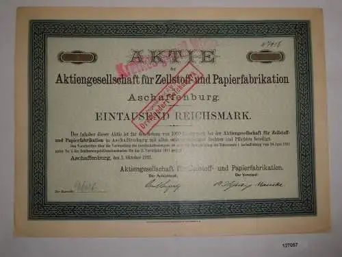 1000 RM Aktie AG für Zellstoff- & Papierfabrikation Aschaffenburg 1921 (127057)
