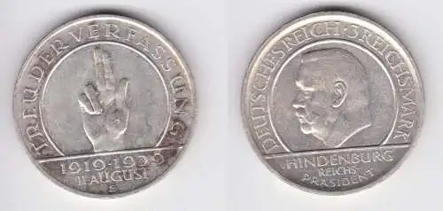 Silber Münze 3 Mark Verfassung "Schwurhand" 1929 E vz (156366)