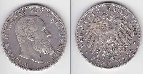 5 Mark Silbermünze Württemberg König Wilhelm II 1902 Jäger 176 ss (150487)