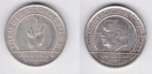 Silber Münze 3 Mark Verfassung "Schwurhand" 1929 F vz (156173)