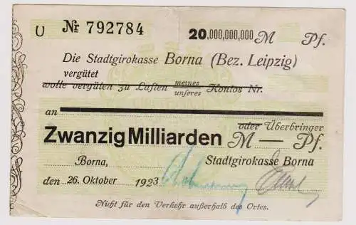 Firmenscheck 20 Milliarden Mark Banknote Stadtgirokasse Borna 26.10.1923(120550)
