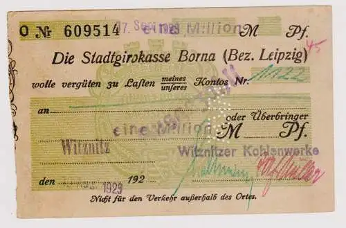 Firmenscheck 1 Million Mark Banknote Stadtgirokasse Borna 10.8.1923 (120711)