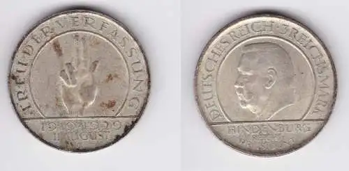 Silber Münze 3 Mark Verfassung "Schwurhand" 1929 E vz (156190)
