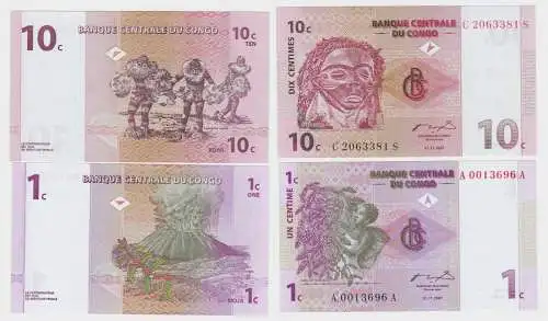 1 und 10 Centimes Banknoten Banque Centrale du Congo 1997 (140958)