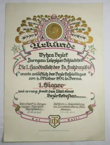 Urkunde Wyhra Bezirk Turngau Leipziger Schlachtfeld Hanball Borna 1931 (121849)