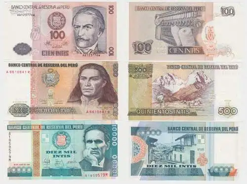 100, 500 und 10000 Intis Banknoten Peru bankfrisch UNC (140954)