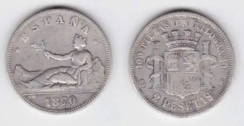 2 Pesetas Silber Münze Spanien 1870 (140933)