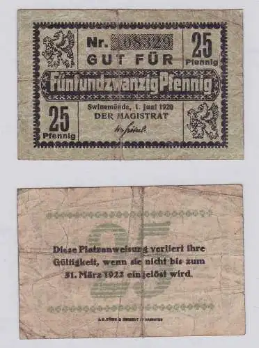 25 Pfennig Banknote Stadt Swinemünde (Pommern) 1.6.1920  (126277)