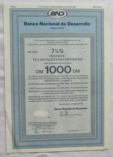 1.000 DM Aktie Banco Nacional de Desarrollo Buenos Aires März 1979 (142169)