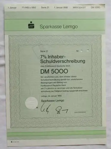 5.000 DM Aktie Schuldverschreibung Sparkasse Lemgo Januar 1993 (125959)
