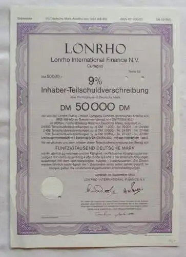 50000 DM Aktie Lonrho International Finance Curaçao September 1983 (143002)