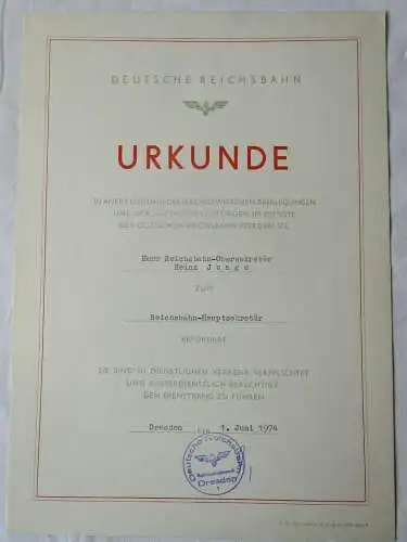 DDR Urkunde Beförderung Deutsche Reichsbahn Dresden Hauptsekretär 1974 (131915)