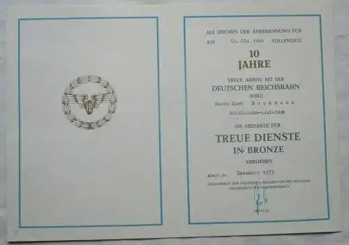 DDR Urkunde 10 Jahre Treue Dienste Bronze Deutsche Reichsbahn Berlin (135302)