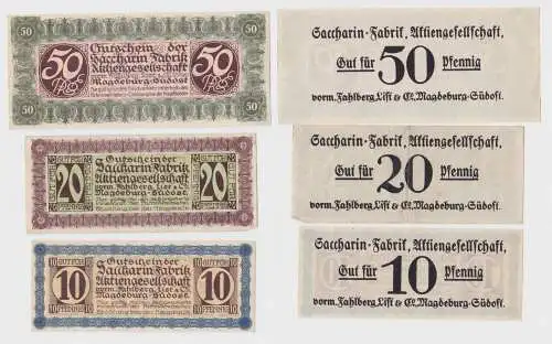 10,20& 50 Pf Banknote Notgeld Sacharin Fabrik Magdeburg v.Fahlberg List (144310)