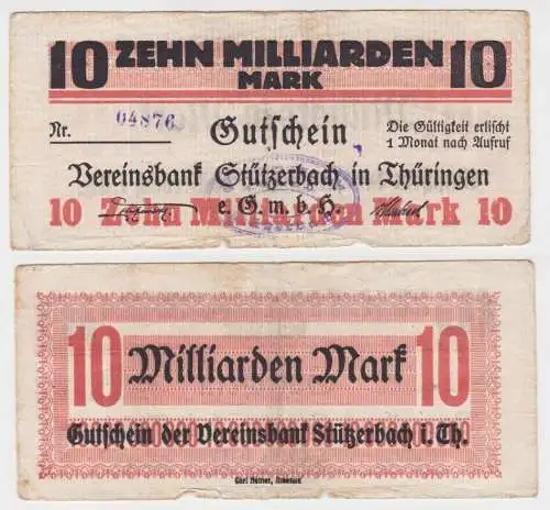 10 Miiliarden Mark Banknote Inflation Vereinsbank Stützerbach 1923 (144207)