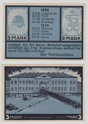 3 Mark Banknote Erfurt 2.Regimentstag ehemaliger 71er 1922 (143715)